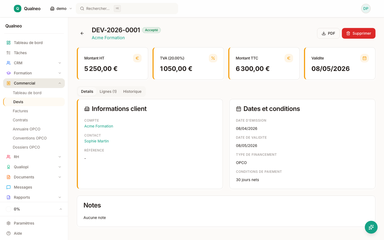 Détail d'un devis accepté avec lignes, conditions et signature électronique
