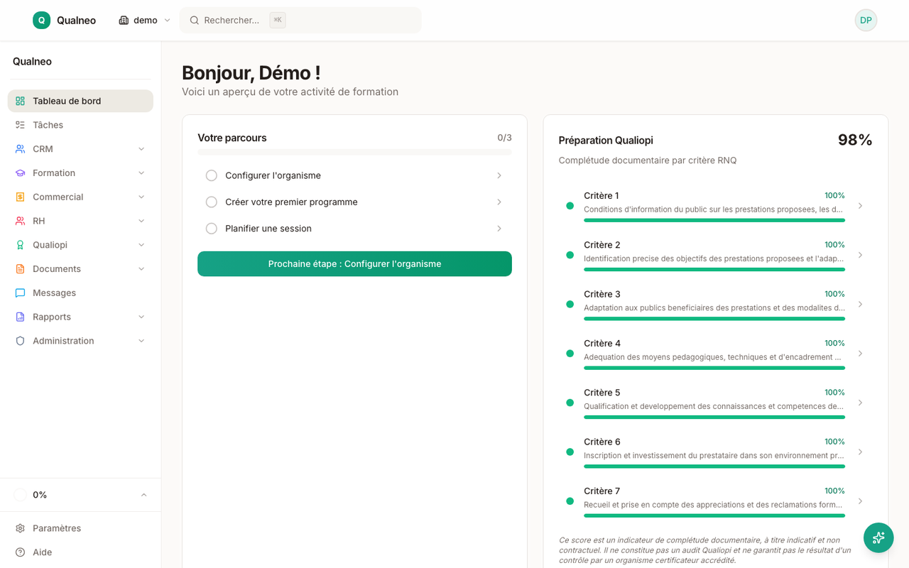 Dashboard d'accueil Qualneo : KPI globaux, raccourcis et activité récente du tenant