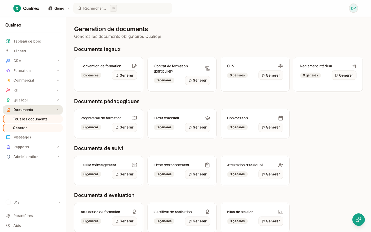 Générateur de document avec sélection de la session, du stagiaire et du modèle