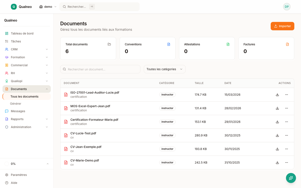 Page documents Qualneo avec 11 modèles disponibles et bouton de génération