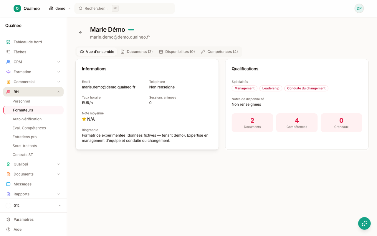 Fiche formateur avec compétences, sessions animées et évaluations stagiaires