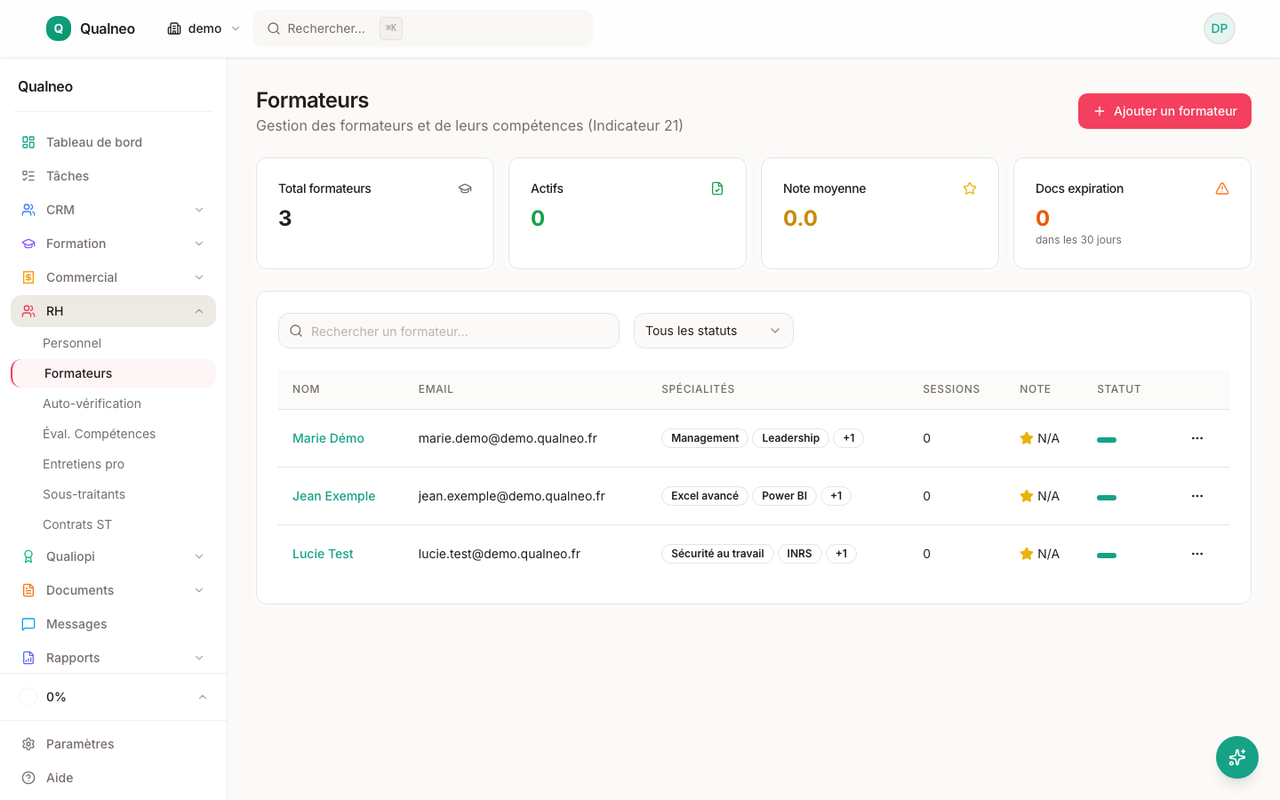 Annuaire des formateurs internes et externes avec compétences et évaluations