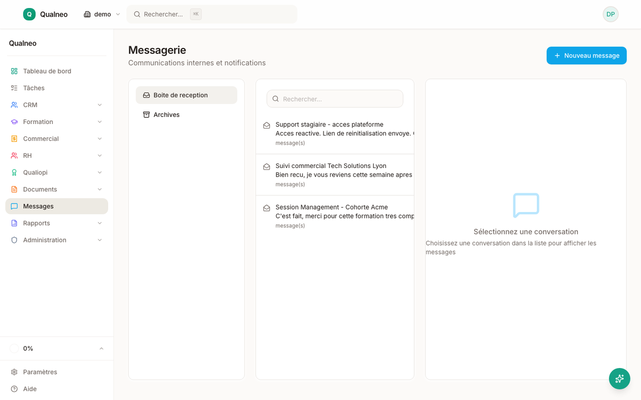 Messagerie interne Qualneo : conversation avec un stagiaire et pièces jointes