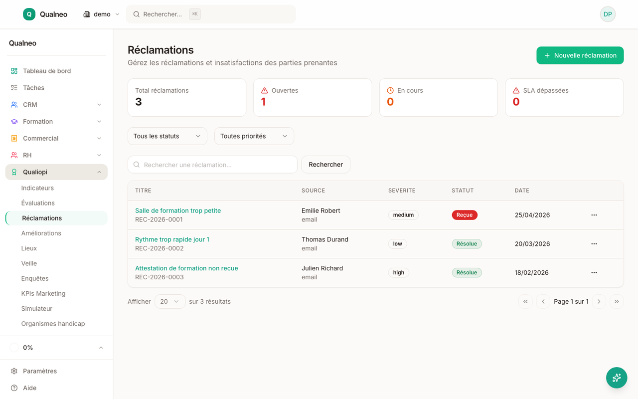 Réclamations stagiaires — workflow ouverture, traitement, action corrective