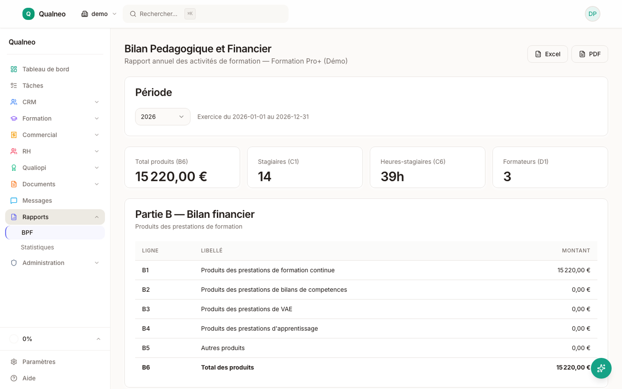 Bilan Pédagogique et Financier Qualneo : heures, ventilation NSF, statuts stagiaires, prêt à exporter
