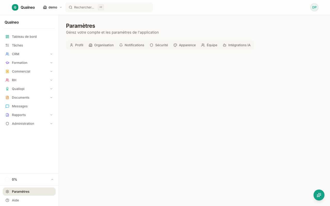 Paramètres des rôles et permissions avec matrice modules x opérations