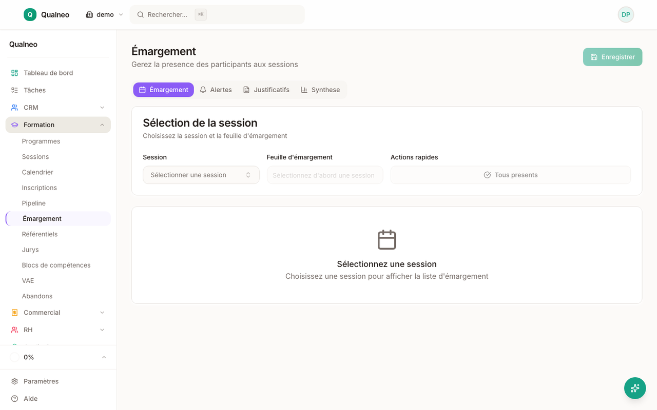 Page d'émargement numérique avec signatures électroniques des stagiaires