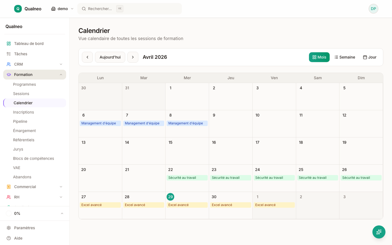 Calendrier des sessions de formation avec créneaux colorés par programme