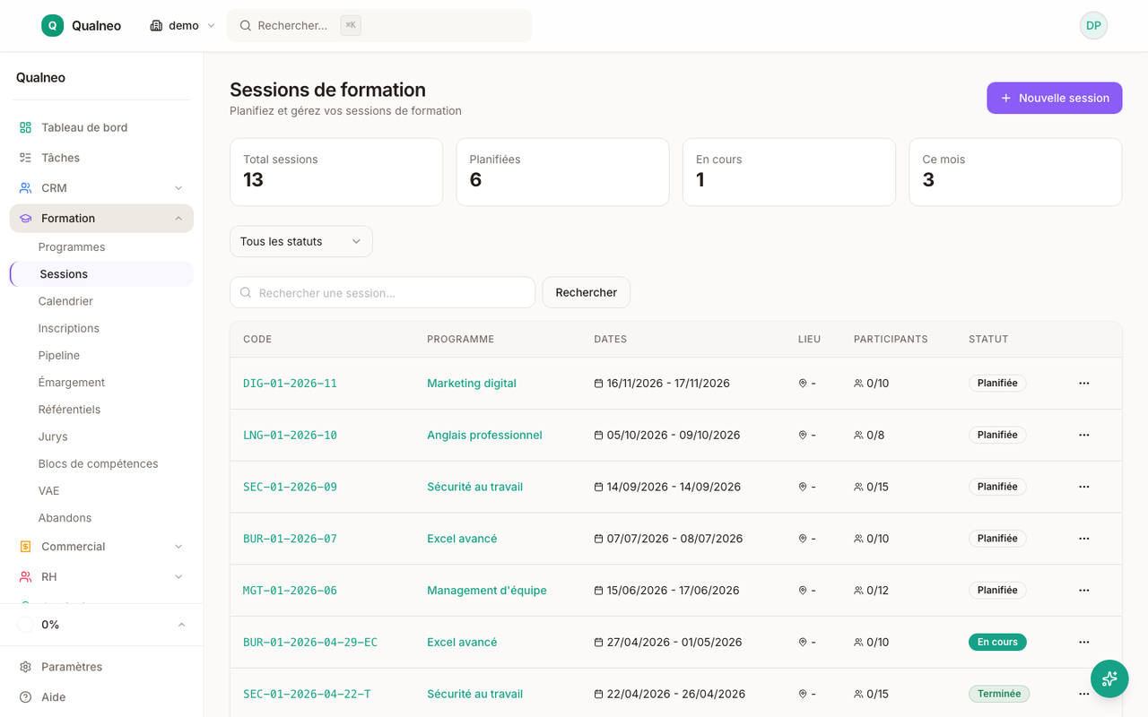 Dashboard du module Formation Qualneo : sessions à venir, taux de remplissage, indicateurs