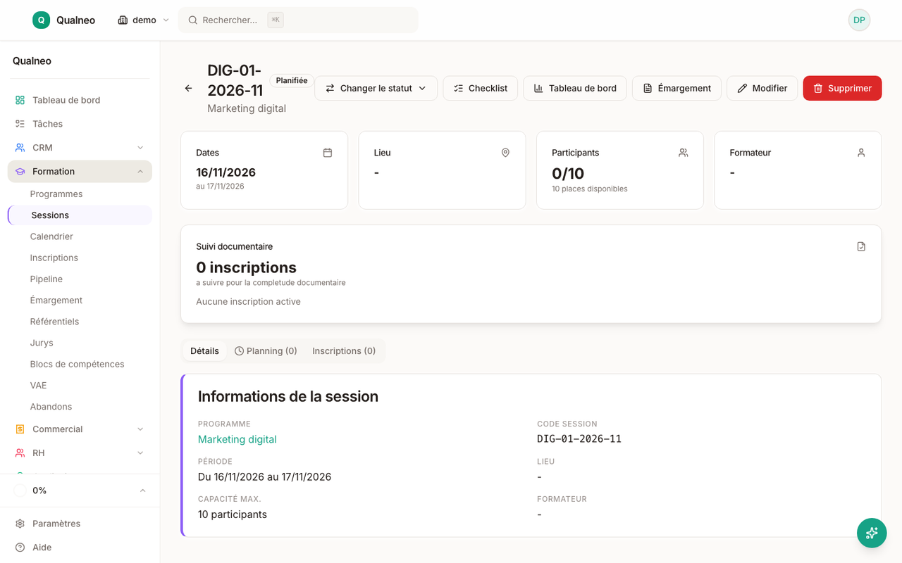Détail d'une session de formation avec programme, formateur et stagiaires inscrits