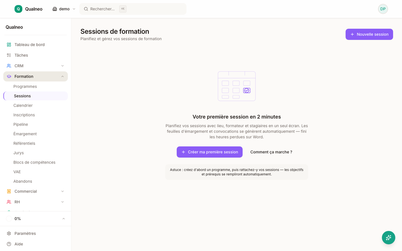 Liste des sessions de formation avec filtres à venir, en cours et terminées